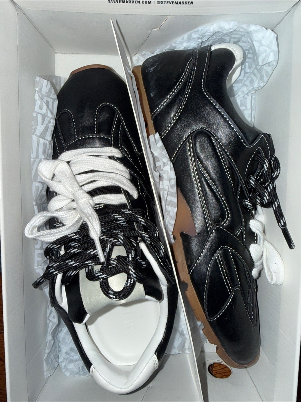 Steve Madden Black and White Leather Mixed-Lace Sneakers